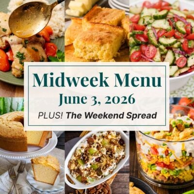 A grid of 6 midweek menu meal plan photos with a text overlay.