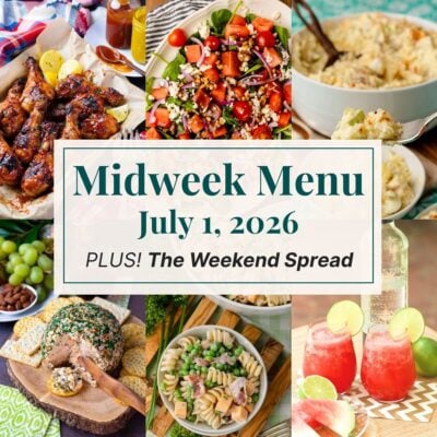A grid of 6 midweek menu meal plan photos with a text overlay.