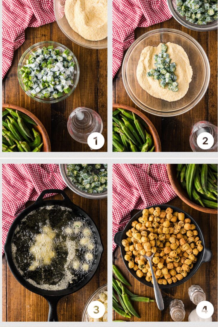 Four step-by-step photos of breading and frying okra in cornmeal.