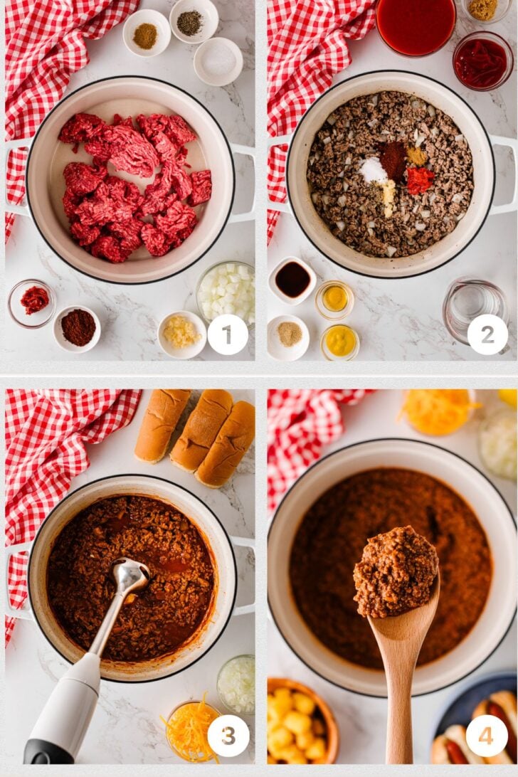 Step-by-step process of making hot dog chili, from browning ground beef to the finished sauce.