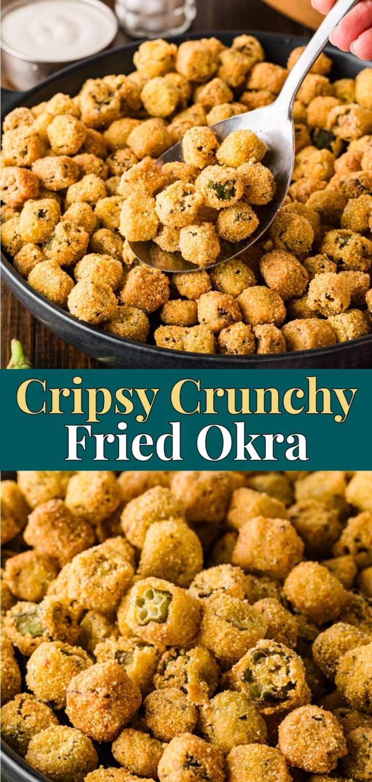 Crispy fried okra in a black skillet with a serving spoon.