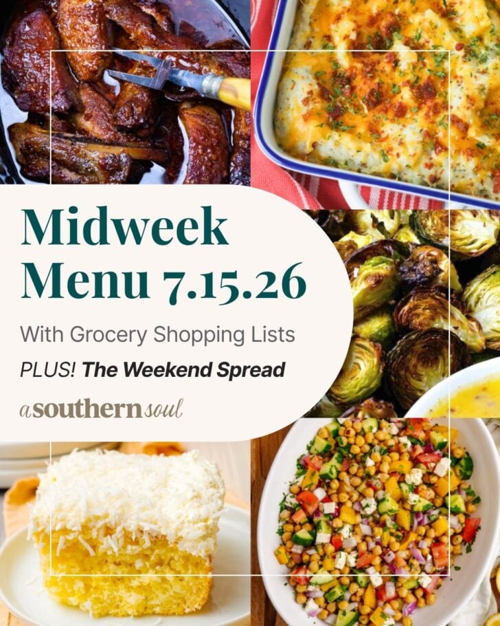 A photo grid of 5 photos for a midweek menu meal plan with a text overlay.
