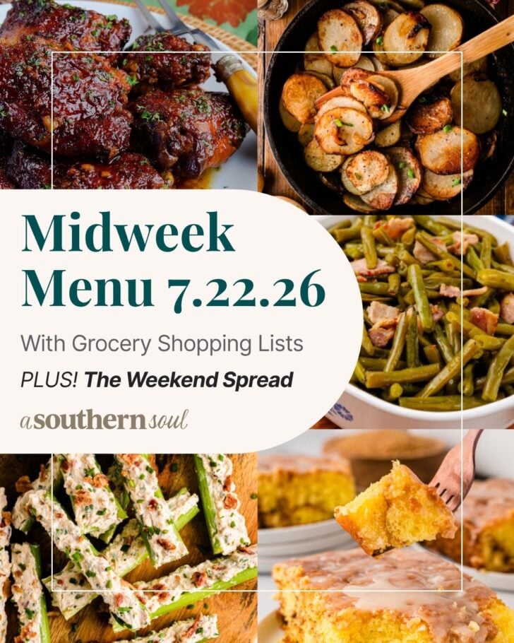 A photo grid of 5 photos for a midweek menu meal plan with a text overlay.