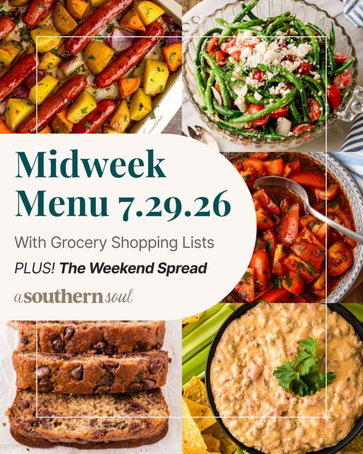 A photo grid of 5 photos for a midweek menu meal plan with a text overlay.