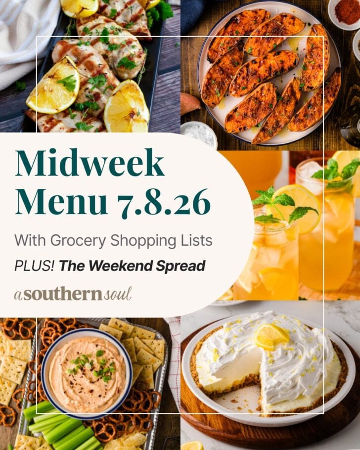 A photo grid of 5 photos for a midweek menu meal plan with a text overlay.