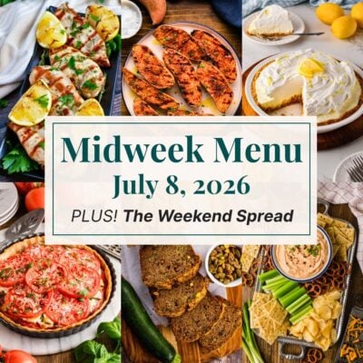 A grid of 6 midweek menu meal plan photos with a text overlay.