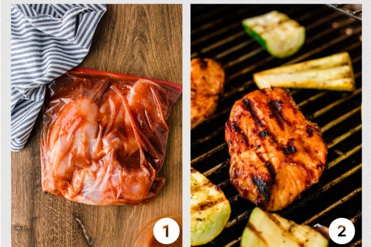 Process shots of chicken marinating in a bag and grilling on the barbecue.