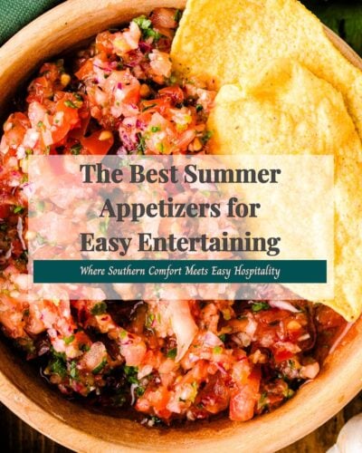 Fresh tomato salsa with tortilla chips and a title overlay for summer appetizer recipes