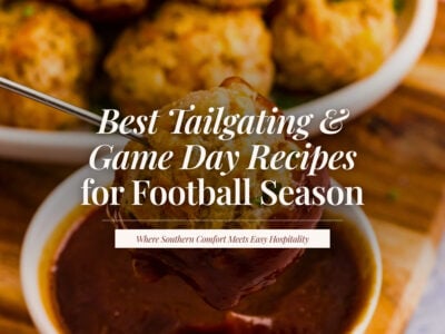Cheesy sausage ball being dipped into a bowl of tangy barbecue-style sauce, with more golden sausage balls in the background, under the title ‘Best Tailgating & Game Day Recipes for Football Season.’