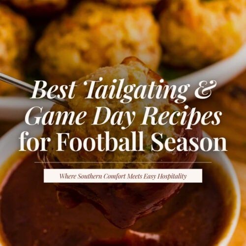 Cheesy sausage ball being dipped into a bowl of tangy barbecue-style sauce, with more golden sausage balls in the background, under the title ‘Best Tailgating & Game Day Recipes for Football Season.’