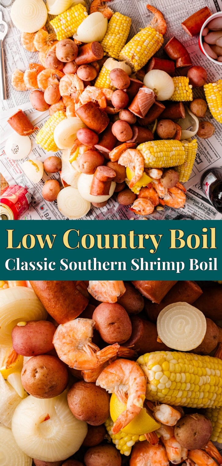 Low Country Boil Pinterest pin with shrimp, sausage, corn, and potatoes.
