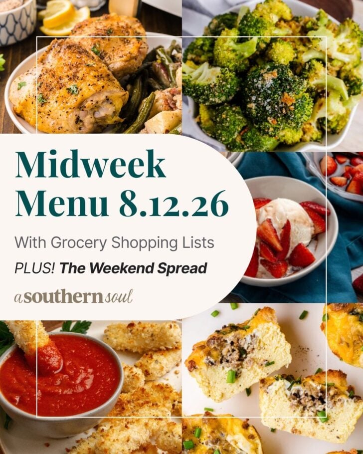 A photo grid of 5 photos for a midweek menu meal plan with a text overlay.