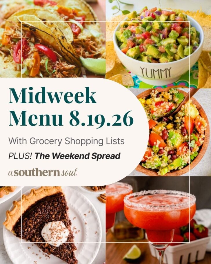 A photo grid of 5 photos for a midweek menu meal plan with a text overlay.