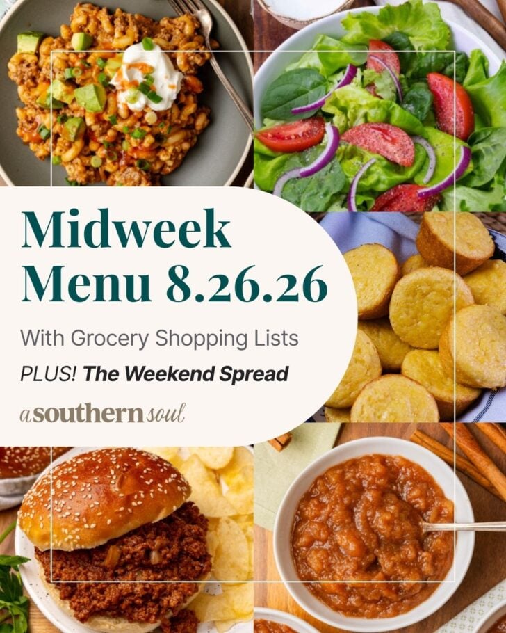 A photo grid of 5 photos for a midweek menu meal plan with a text overlay.