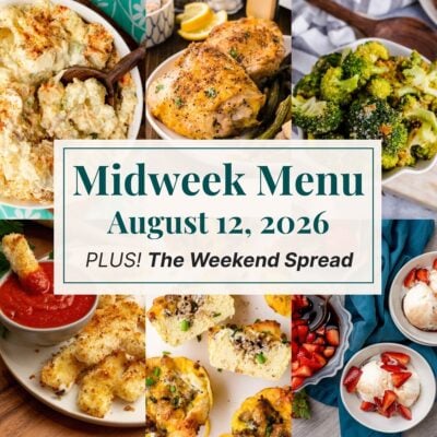A grid of 6 midweek menu meal plan photos with a text overlay.