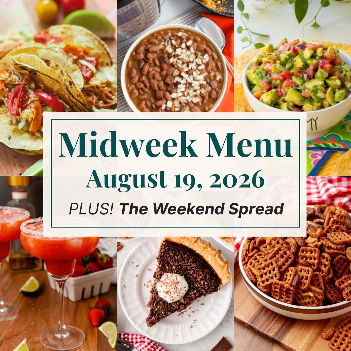 A grid of 6 midweek menu meal plan photos with a text overlay.