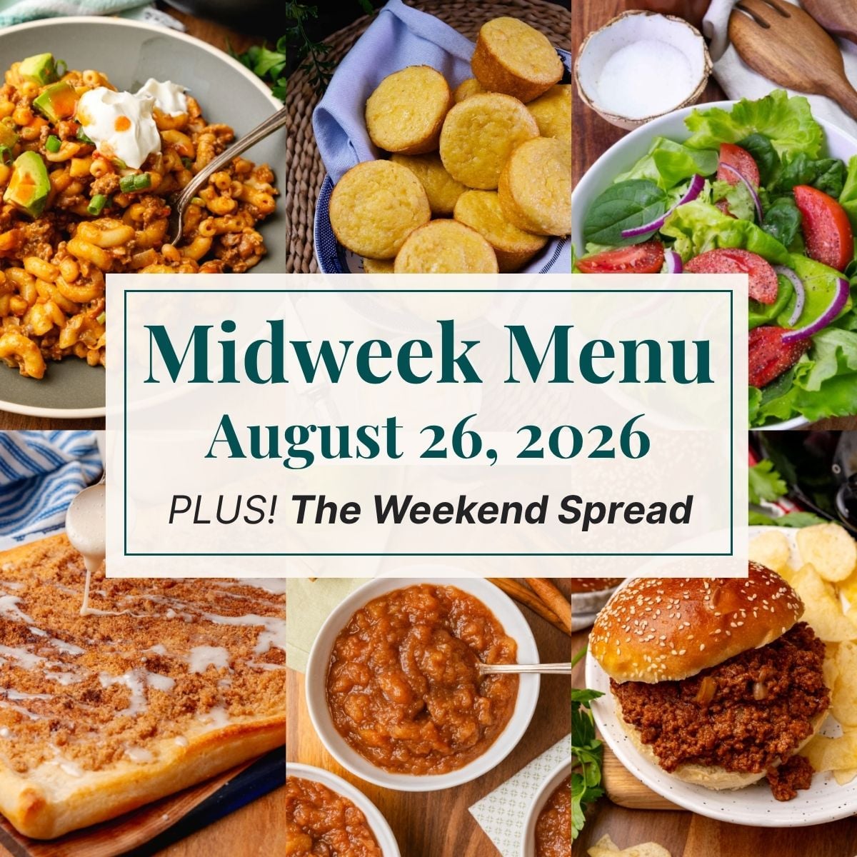 A grid of 6 midweek menu meal plan photos with a text overlay.