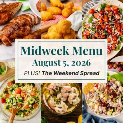 A grid of 6 midweek menu meal plan photos with a text overlay.