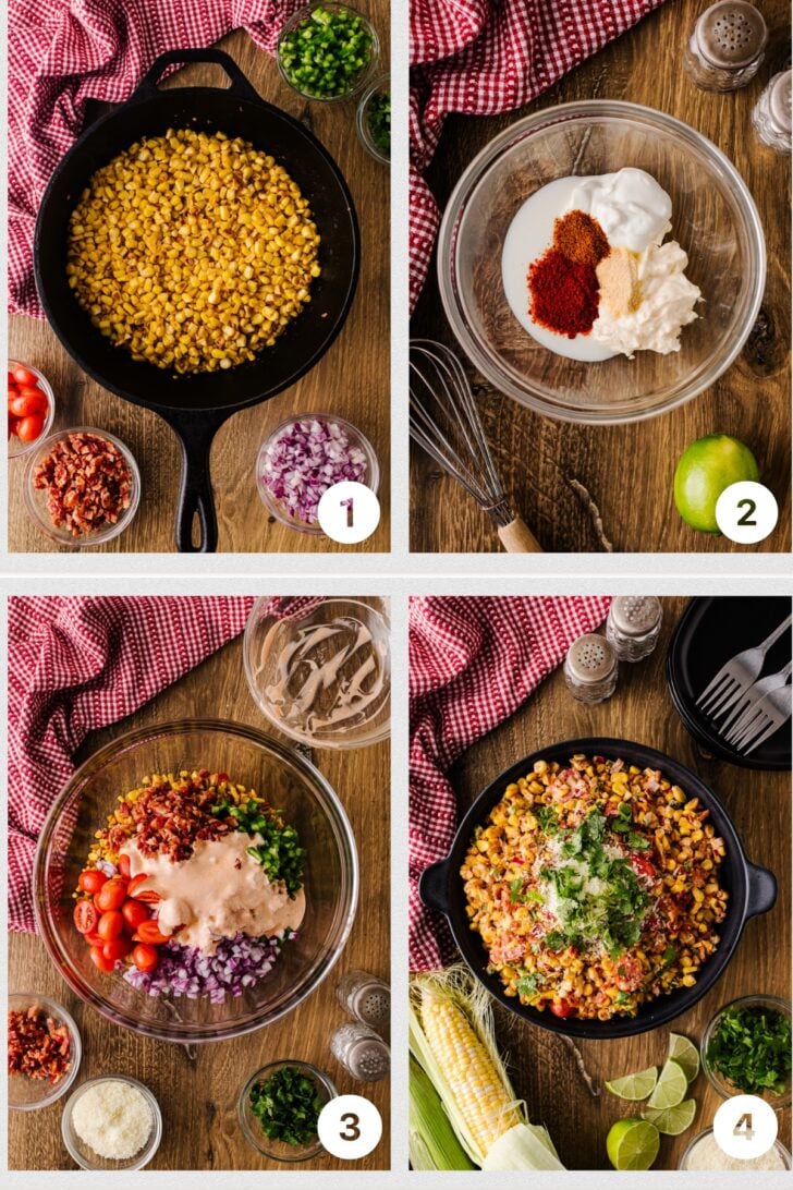Four-step collage showing Southern corn salad preparation: charring corn, mixing the creamy dressing, combining the corn with bacon and vegetables, and garnishing the finished salad.
