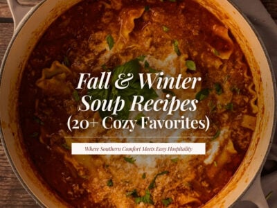 Overhead view of a Dutch oven filled with lasagna soup topped with ricotta, Parmesan, and fresh basil, with the title ‘Fall & Winter Soup Recipes (20+ Cozy Favorites).’