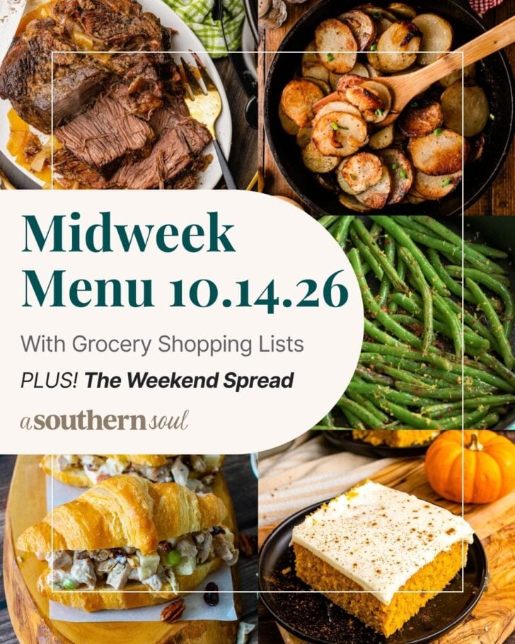 A photo grid of 5 photos for a midweek menu meal plan with a text overlay.
