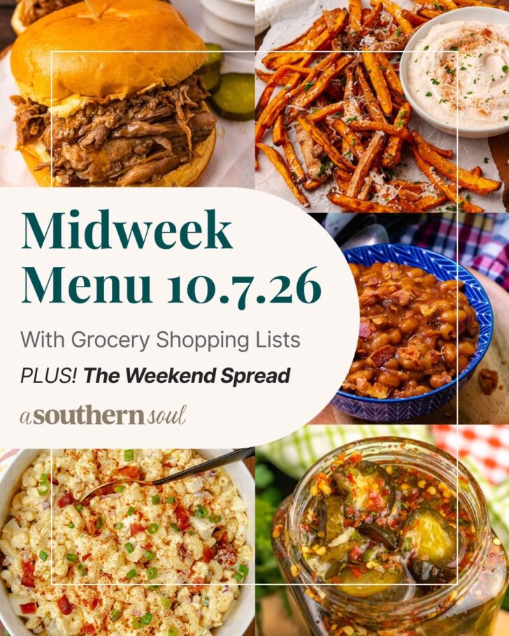 A photo grid of 5 photos for a midweek menu meal plan with a text overlay.