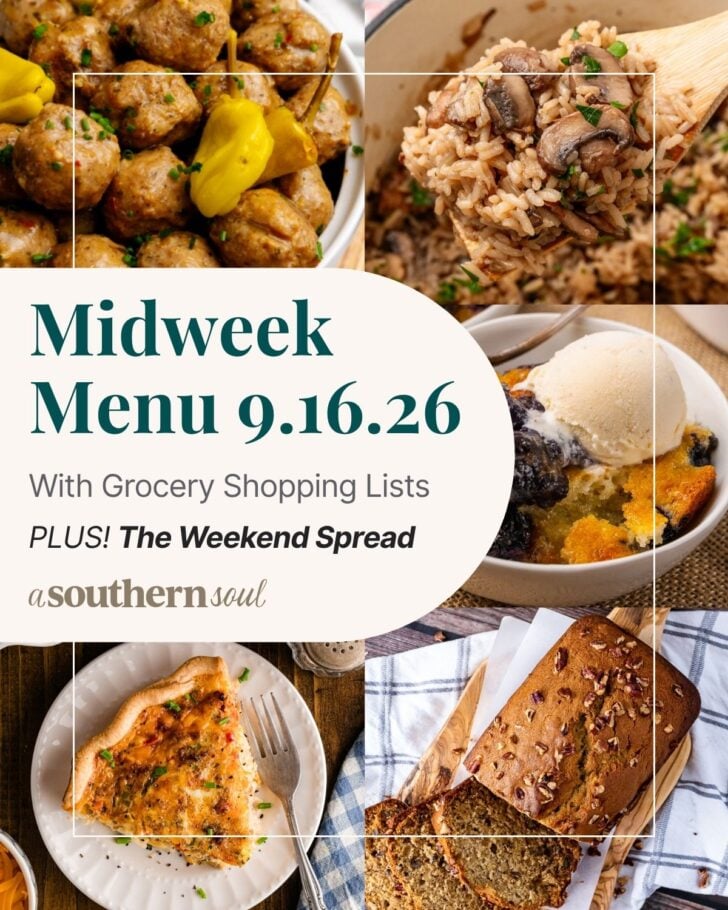 A photo grid of 5 photos for a midweek menu meal plan with a text overlay.