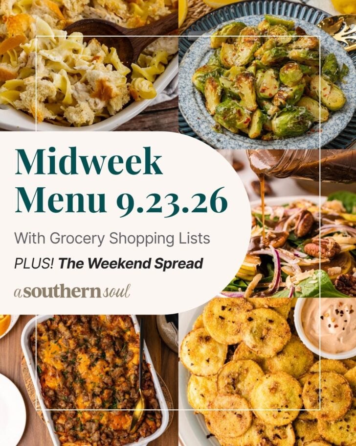 A photo grid of 5 photos for a midweek menu meal plan with a text overlay.
