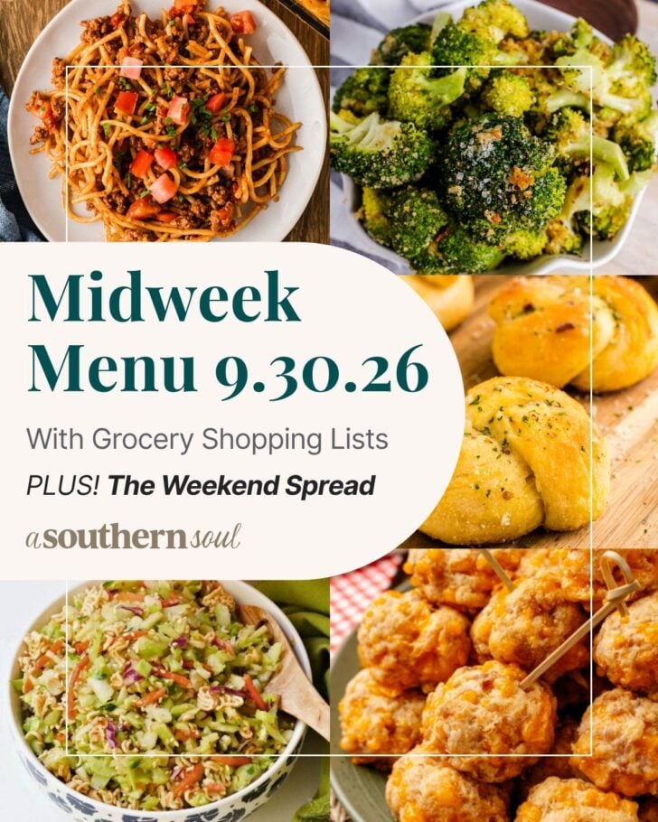 A photo grid of 5 photos for a midweek menu meal plan with a text overlay.