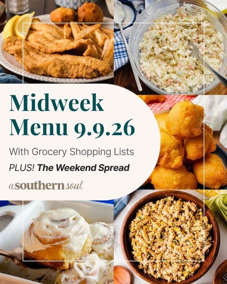 A photo grid of 5 photos for a midweek menu meal plan with a text overlay.