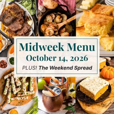 A grid of 6 midweek menu meal plan photos with a text overlay.