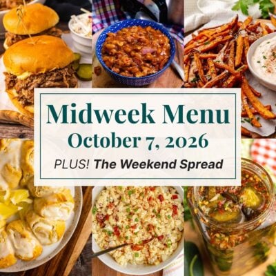A grid of 6 midweek menu meal plan photos with a text overlay.