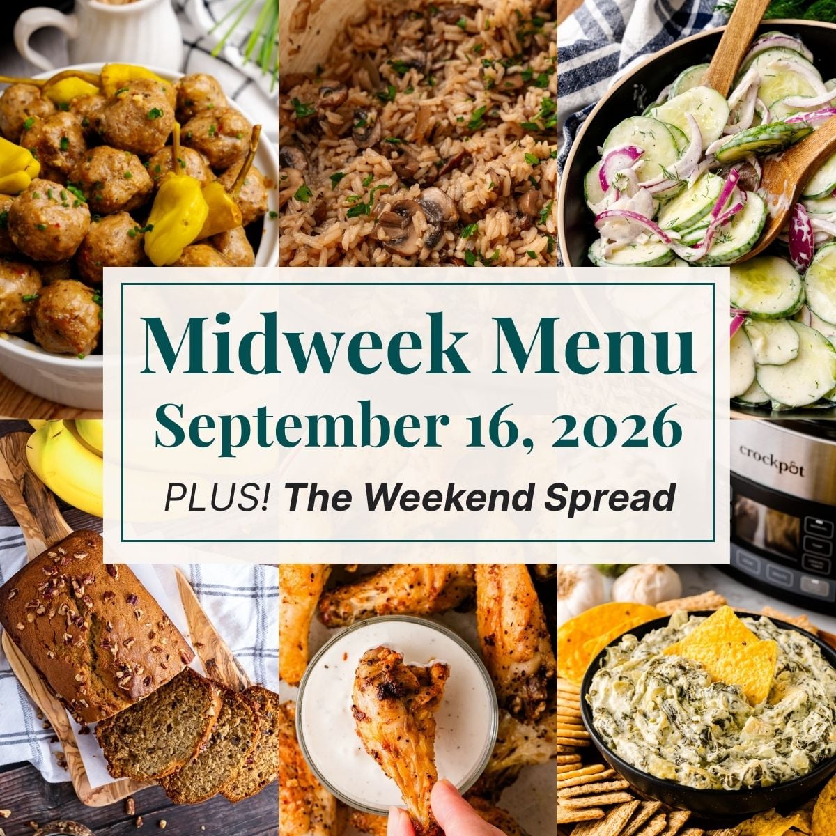 A grid of 6 midweek menu meal plan photos with a text overlay.
