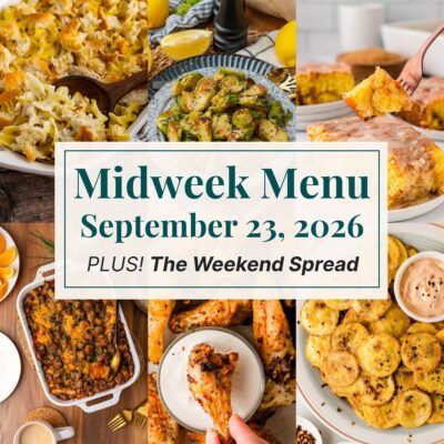 A grid of 6 midweek menu meal plan photos with a text overlay.