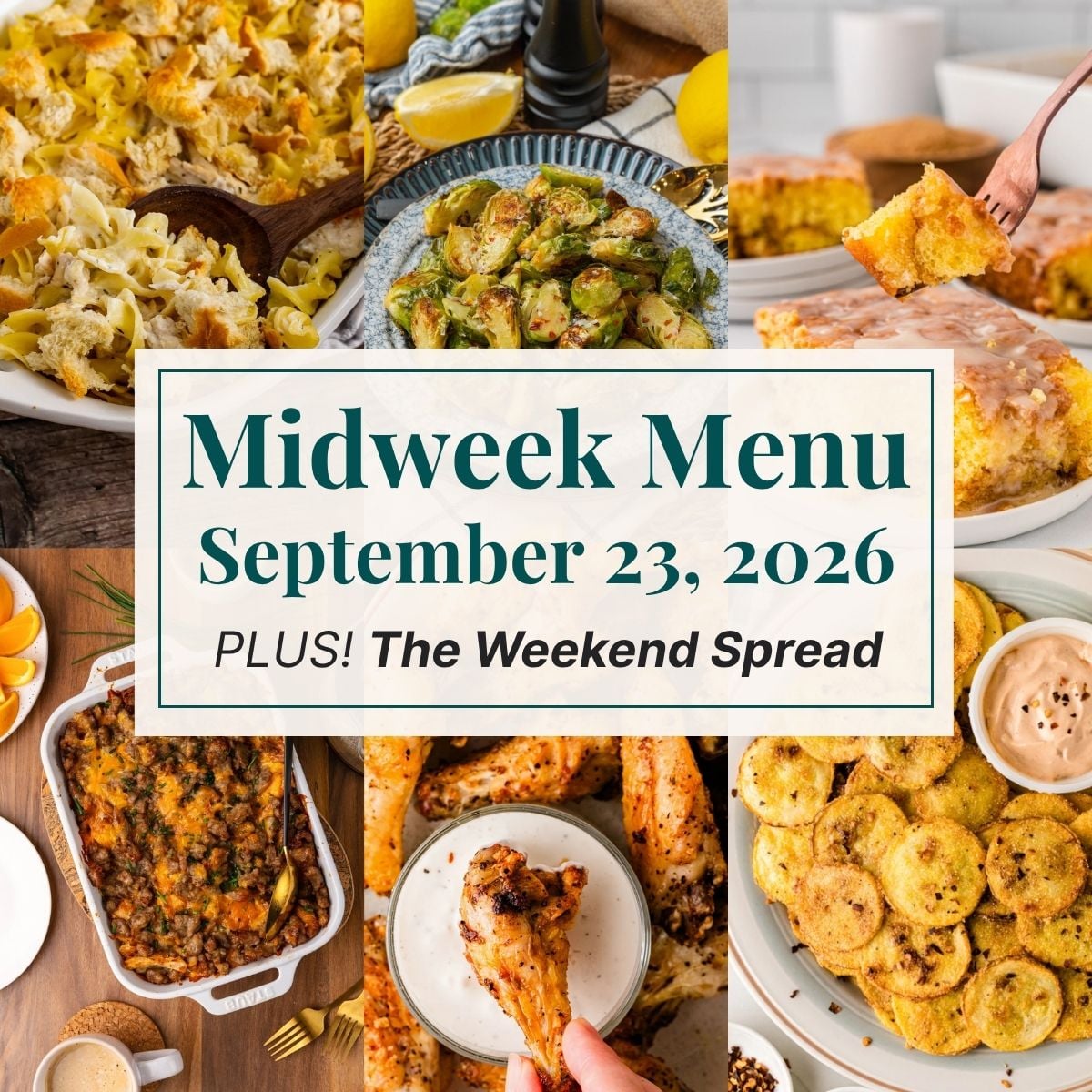 A grid of 6 midweek menu meal plan photos with a text overlay.