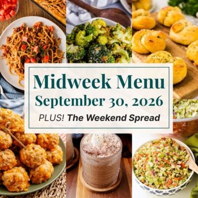 A grid of 6 midweek menu meal plan photos with a text overlay.