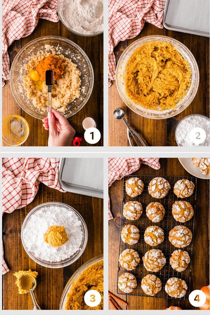 Four-step collage showing how to make pumpkin crinkle cookies: mixing pumpkin into the butter and sugar, forming the dough, rolling dough balls in powdered sugar, and cooling the baked cookies on a rack.