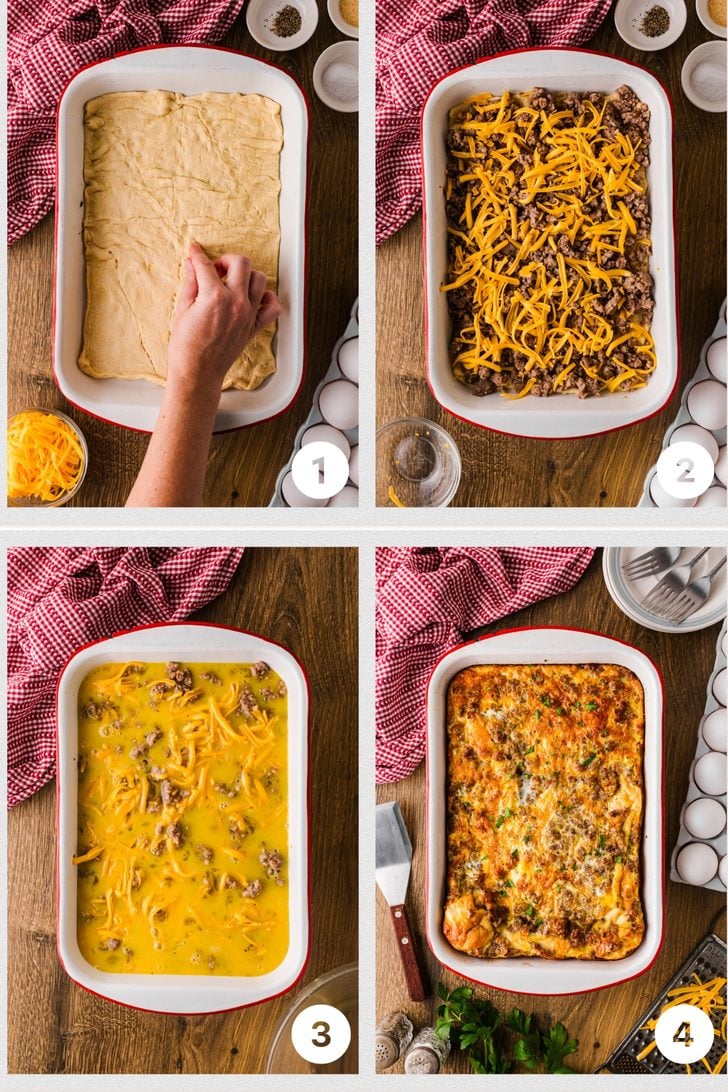 Sausage and egg casserole made with a crescent roll crust in 4 easy steps.