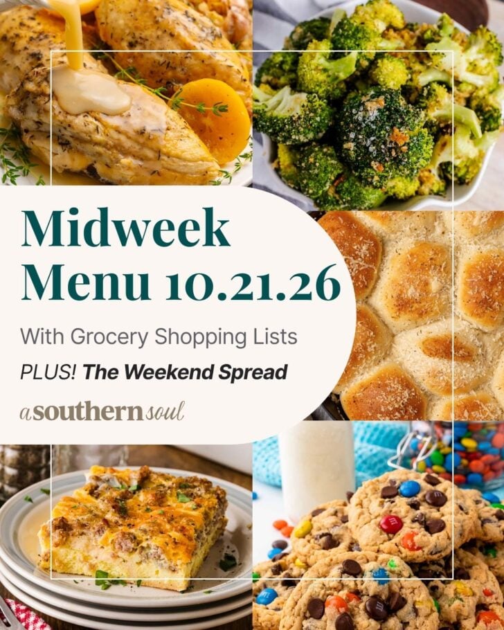 A photo grid of 5 photos for a midweek menu meal plan with a text overlay.