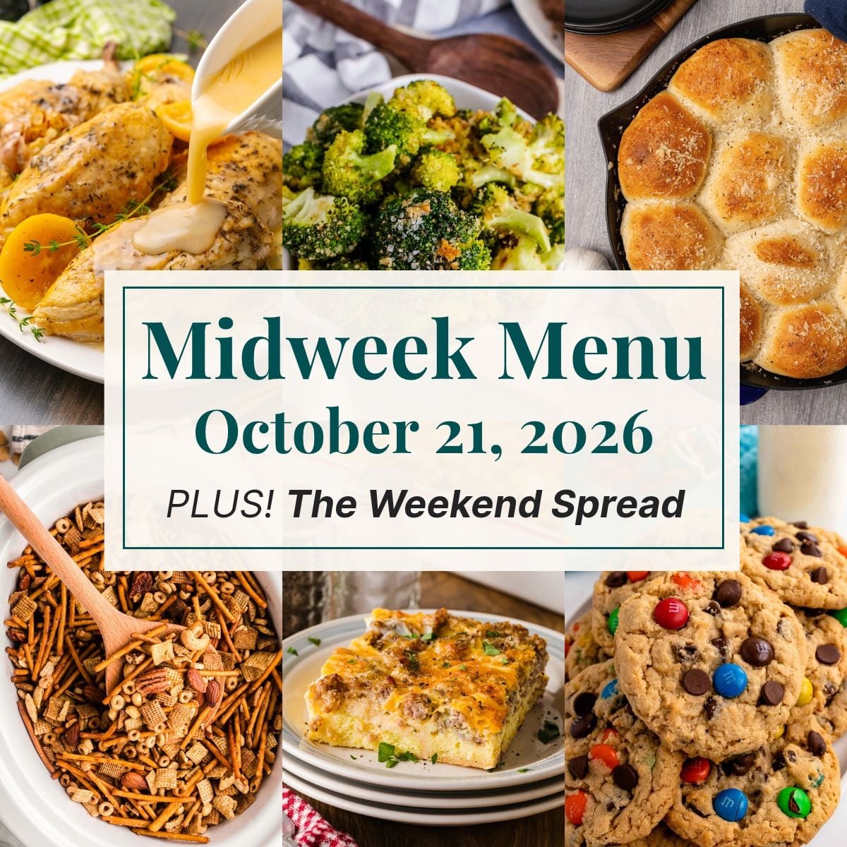 A grid of 6 midweek menu meal plan photos with a text overlay.